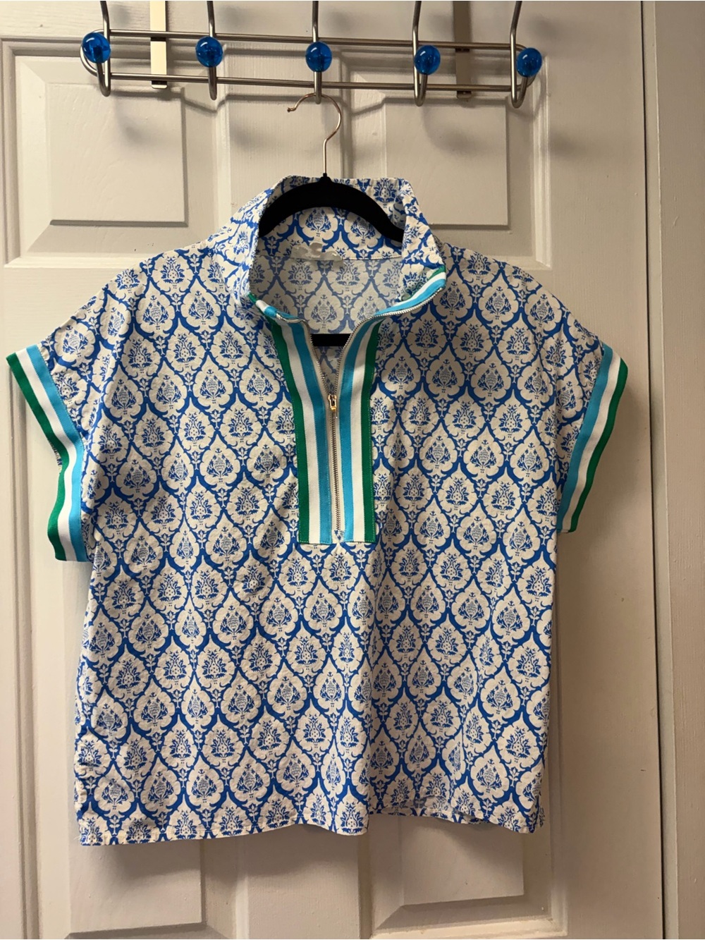 entro Blue and White Patterned Polo with Green Trim